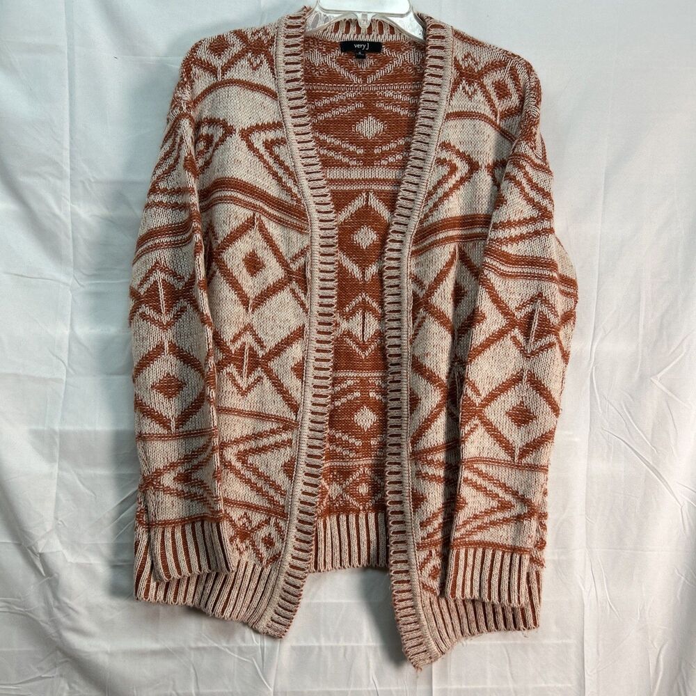 Very J Aztec Cardigan Sweater Womens S Rust Orange Cream Geometric Open Front